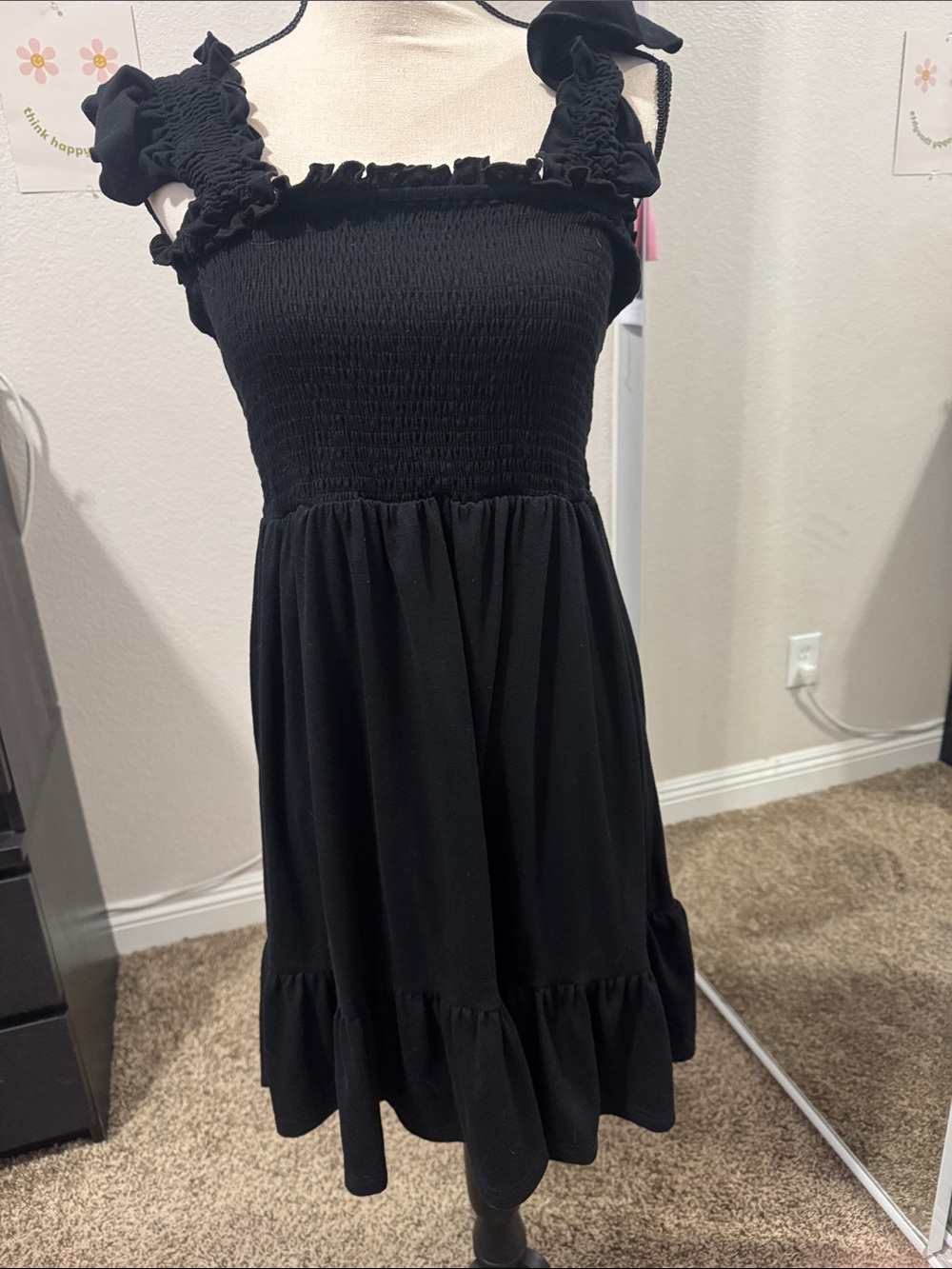 Women's Black Smocked Sundress with Ruffle Straps